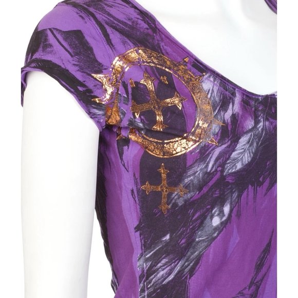 Archaic AFFLICTION Women's T-Shirt SECOND LOVE Feathers PURPLE Tattoo Biker $40 - Picture 5 of 8